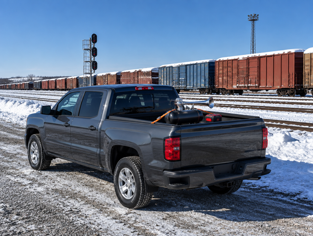 Pickup truck with a portable horn and red battery in its bed, parked beside a snowy freight yard with boxcars