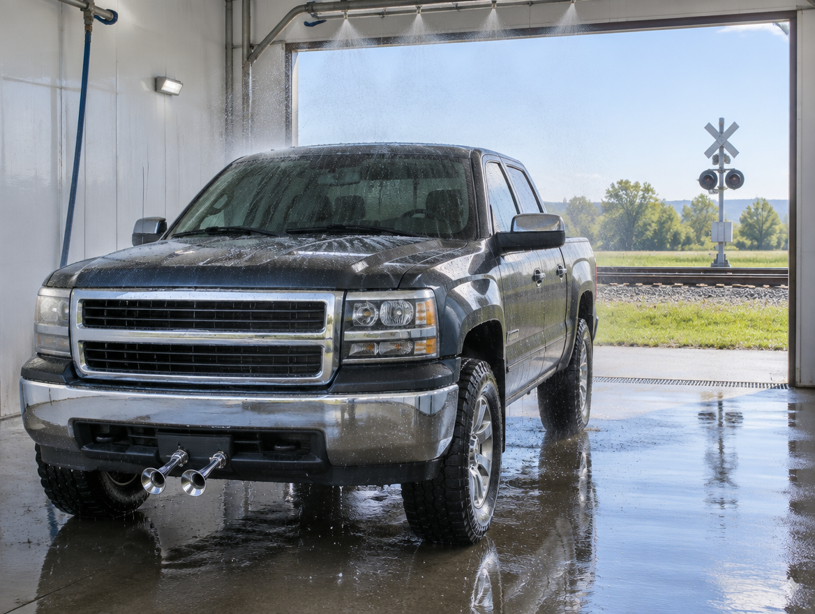 A wet pickup truck with chrome train-horn trumpets in a touchless car wash bay, with railroad tracks beyond the open door.