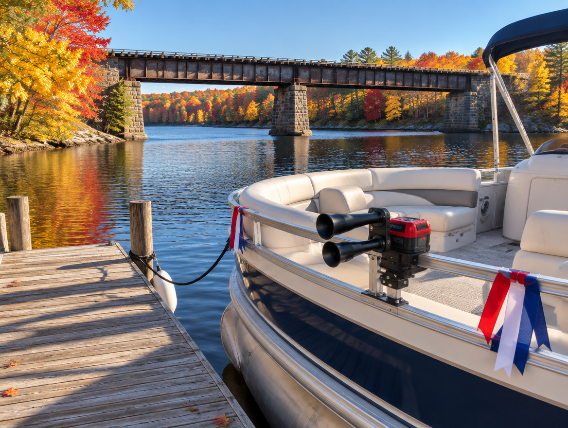 Pontoon boat at a lake dock with a battery-powered horn on the bow, fall trees, and a railway trestle across the water.