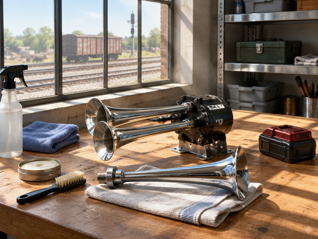 A chrome train horn being cleaned on a sunlit oak workbench next to a red battery pack, with a rail yard outside the window.