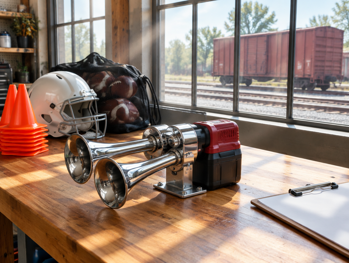 A sunlit workshop bench with an air horn on a red cordless battery, cones and a football helmet, and a boxcar outside.