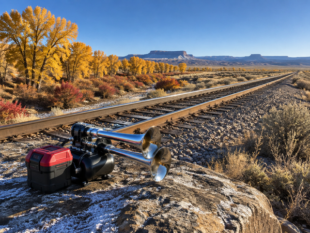 Train horn kit with a red cordless battery on a rock beside a desert rail line, golden cottonwoods under a blue sky.