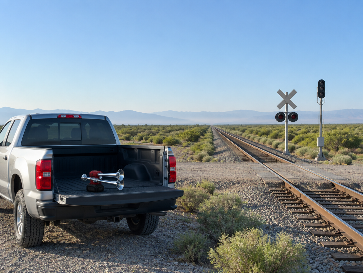 A portable air horn with a red battery pack on a pickup tailgate beside a desert rail crossing at morning