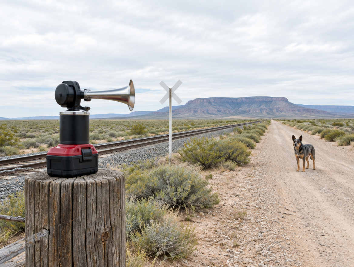 Battery-powered air horn on a fence post by a desert rail line as an alert ranch dog watches from the dirt road
