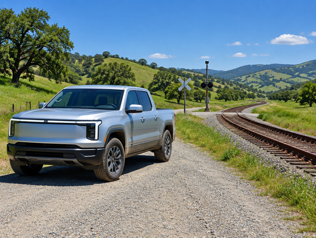 An electric pickup truck parked on a gravel road beside a single-track railway curving through green hills.