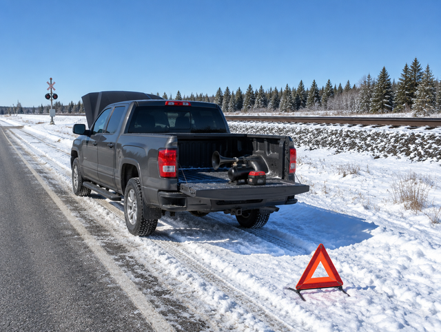 Pickup with its hood up on a snowy roadside, a battery air horn on the tailgate, and railroad tracks running alongside.