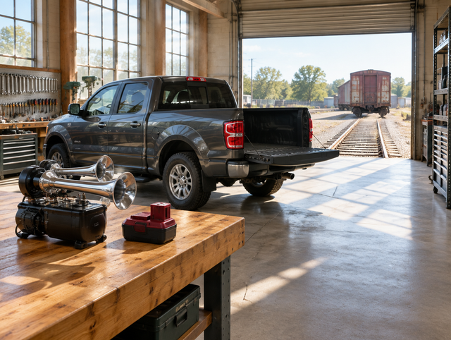 A pickup truck parked in a sunlit railway workshop beside a portable train horn and red battery, rails outside the door.