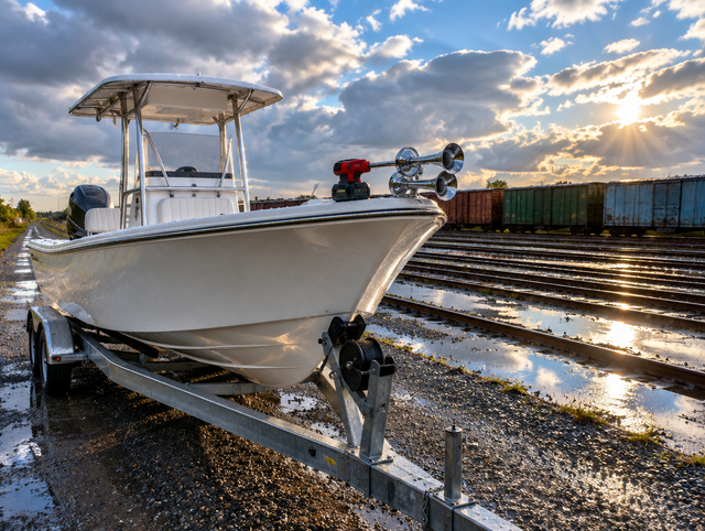 A white fishing boat on a trailer beside wet freight yard tracks and boxcars as the sun breaks through after rain.