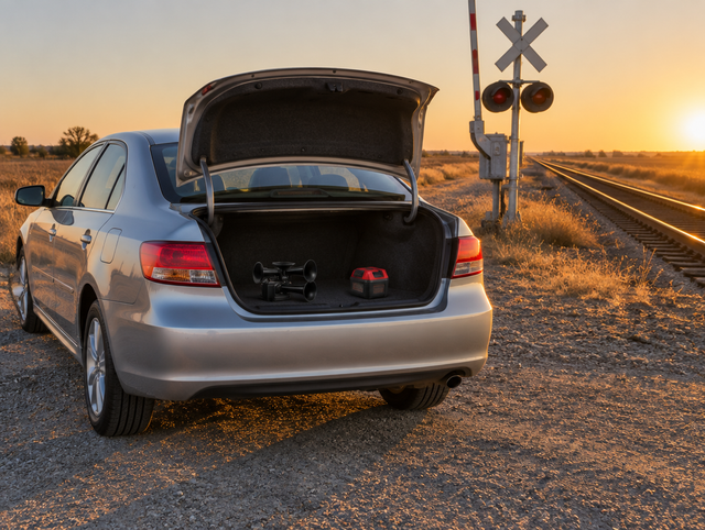 A sedan with its trunk open by a rural railroad crossing at sunset, a compact horn and red tool battery inside.