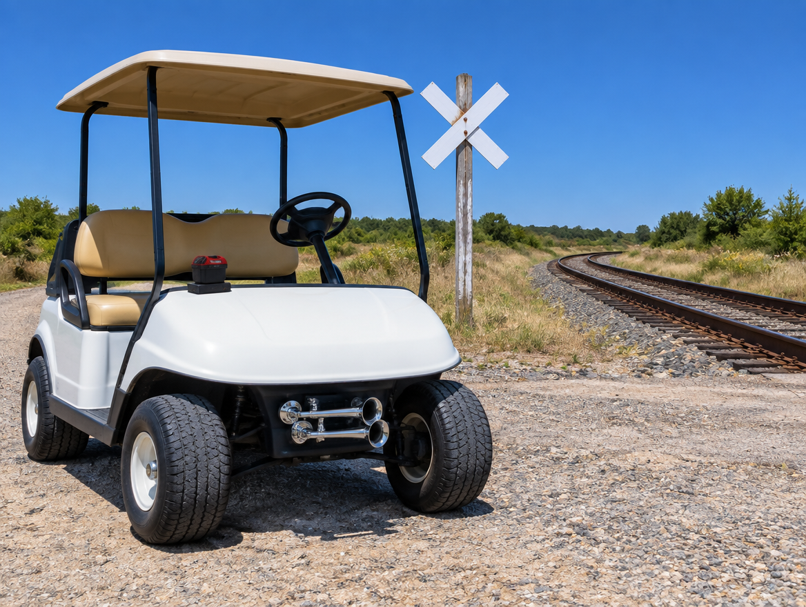 A clean electric golf cart with a red cordless battery on its seat, parked by a railroad crossbuck and track.