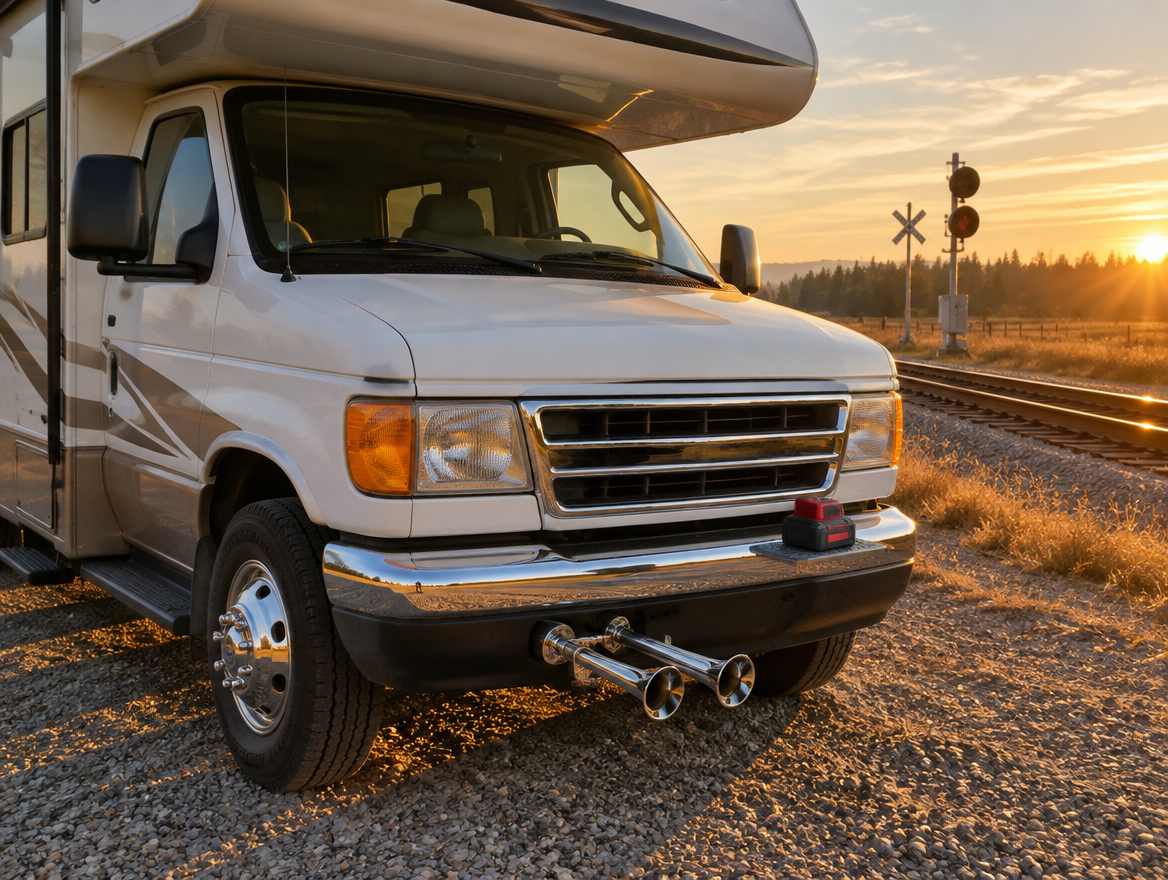 A motorhome with chrome train horns parked beside a rural railway track and crossing signal at golden hour.