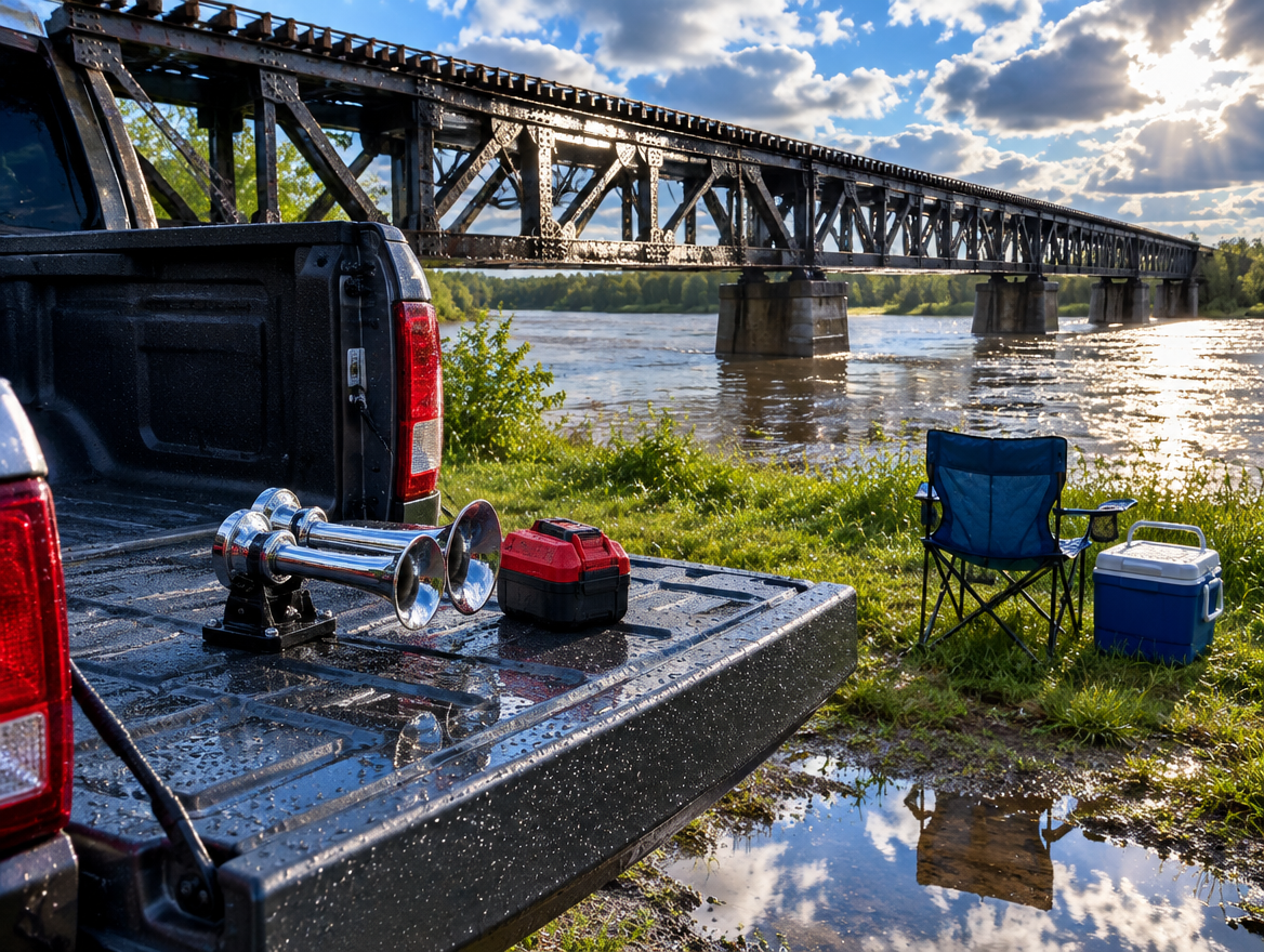 Train horn and red battery pack on a wet pickup tailgate by a steel railway trestle bridge after rain