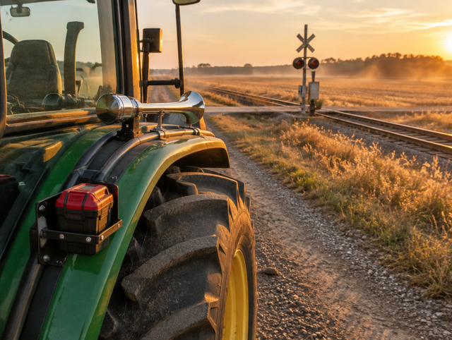 A tractor with a battery-powered train horn is parked by a rural rail crossing at golden hour.