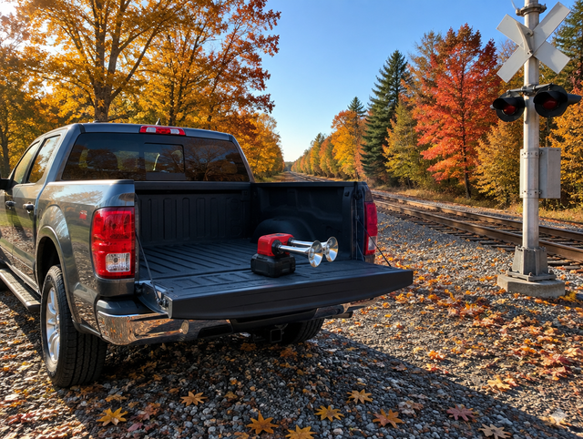 Pickup truck by a rural rail crossing in autumn with a battery-powered twin-trumpet horn on its open tailgate.