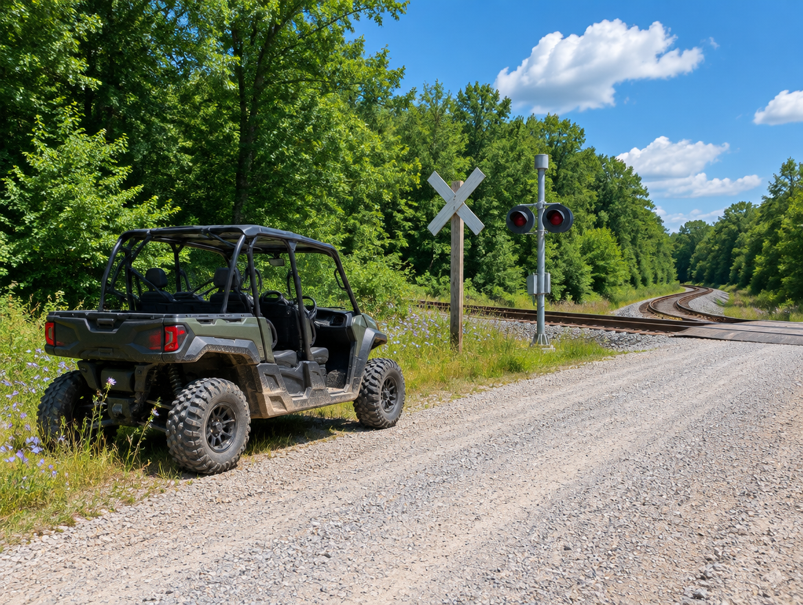 A side-by-side UTV parked on a gravel road near a rural railroad crossing with a crossbuck and signal mast on a sunny day.