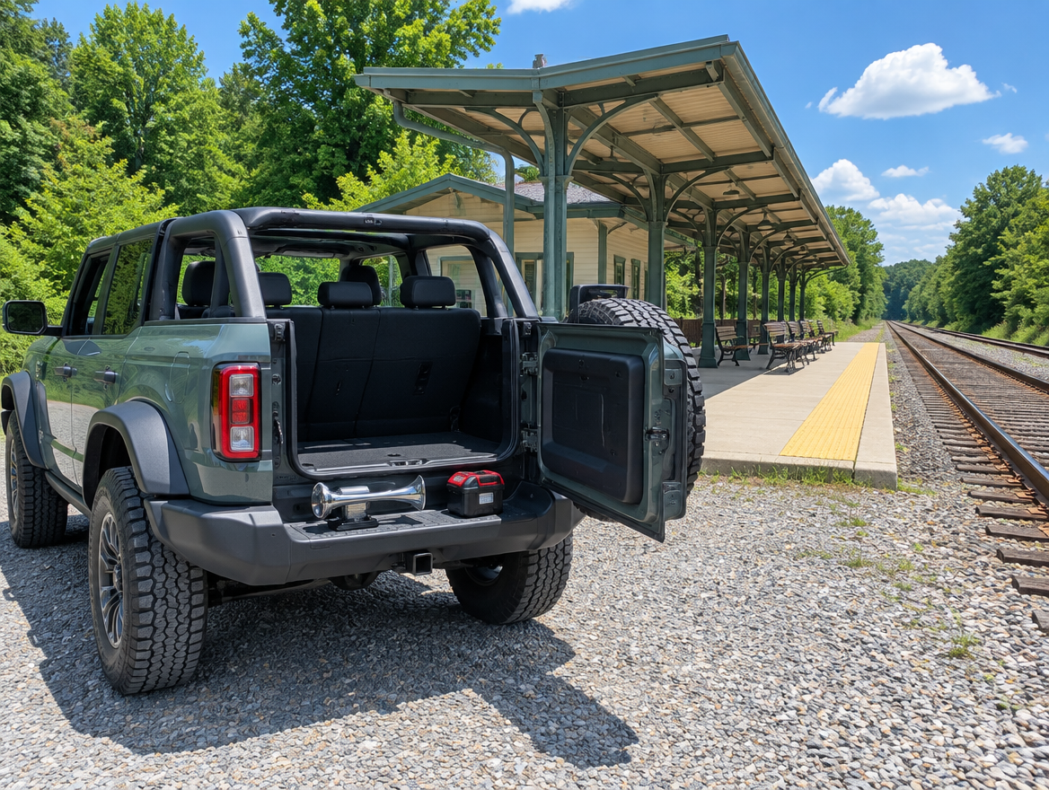 A boxy open-top 4x4 parked by a small-town station platform with a canopy, benches and track on a sunny summer day.