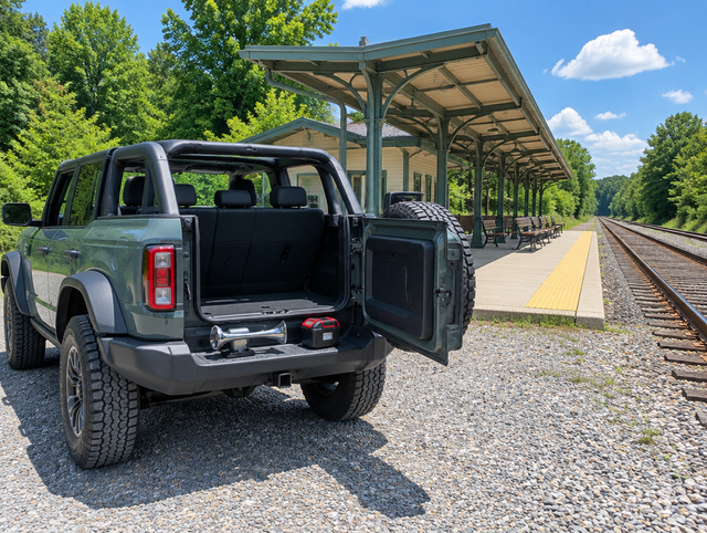 A boxy open-top 4x4 parked by a small-town station platform with a canopy, benches and track on a sunny summer day.