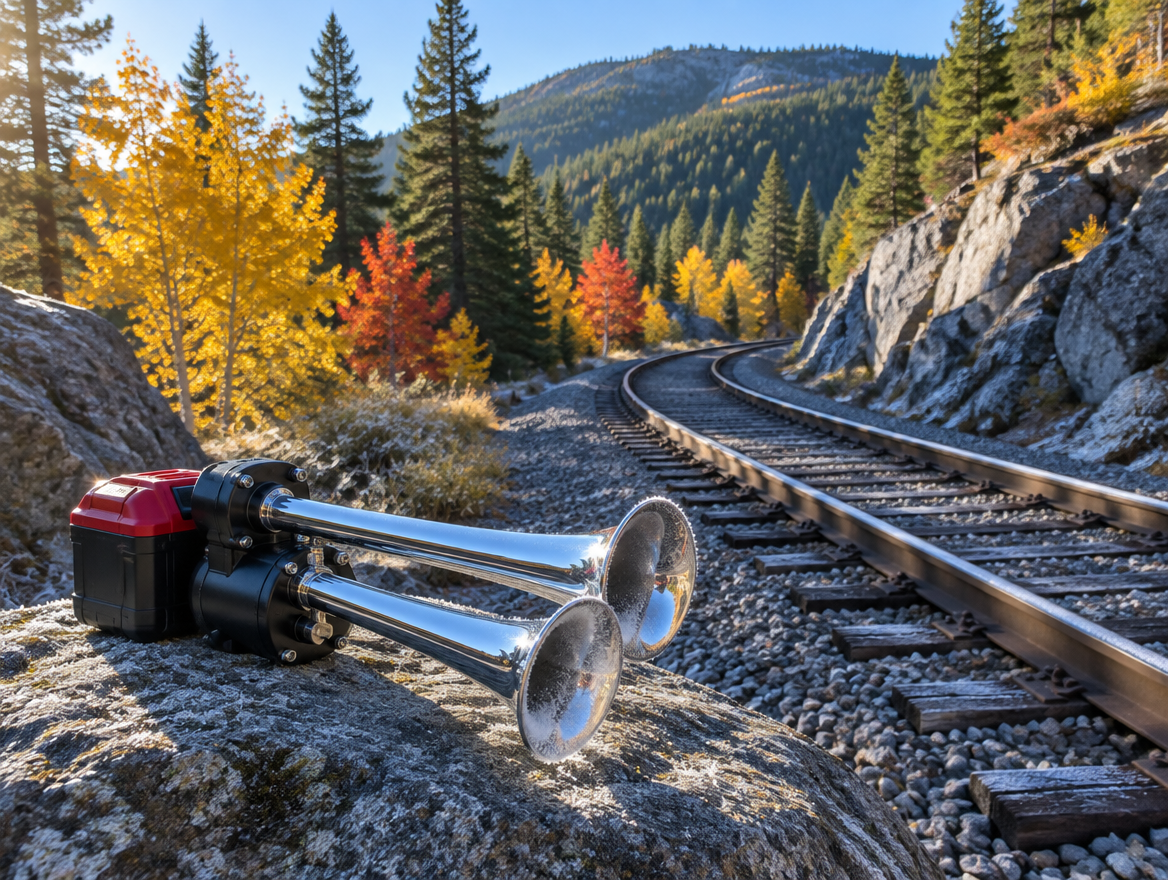 A compact air horn with a red battery pack sits on a boulder beside a mountain rail line in golden autumn light.