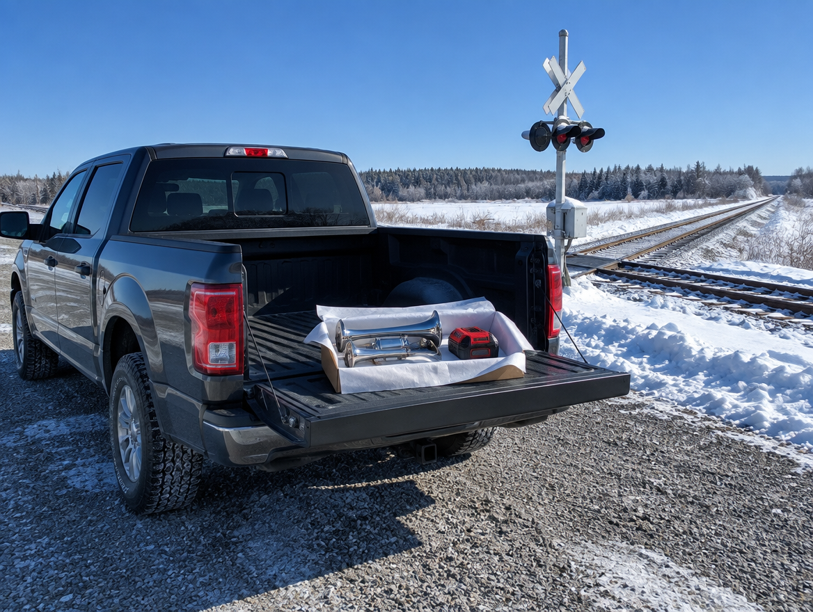 Pickup truck tailgate holding a gift box with a train horn and red tool battery beside a snowy railroad crossing.