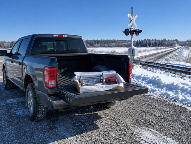Pickup truck tailgate holding a gift box with a train horn and red tool battery beside a snowy railroad crossing.