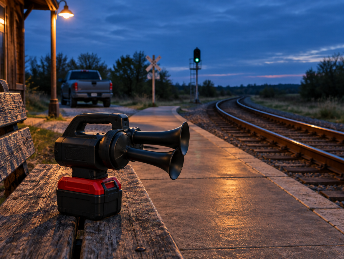 Portable horn on a red cordless battery pack, resting on a station platform bench at dusk beside the rails