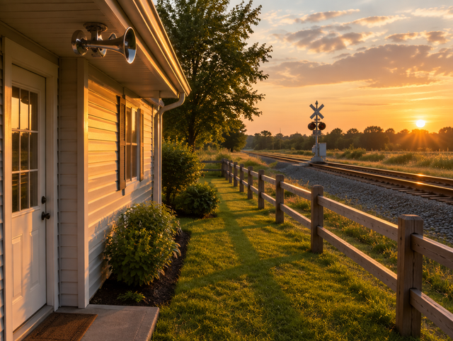 A rural home at golden hour with a chrome air horn under the porch eave and a railway line beyond the backyard fence.