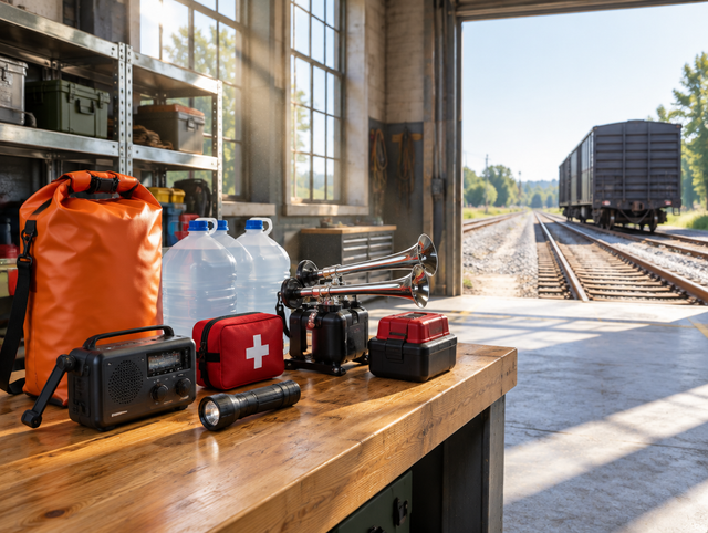 A sunlit railway workshop bench holding a hurricane go-kit and a chrome air horn on a red battery, with track outside.