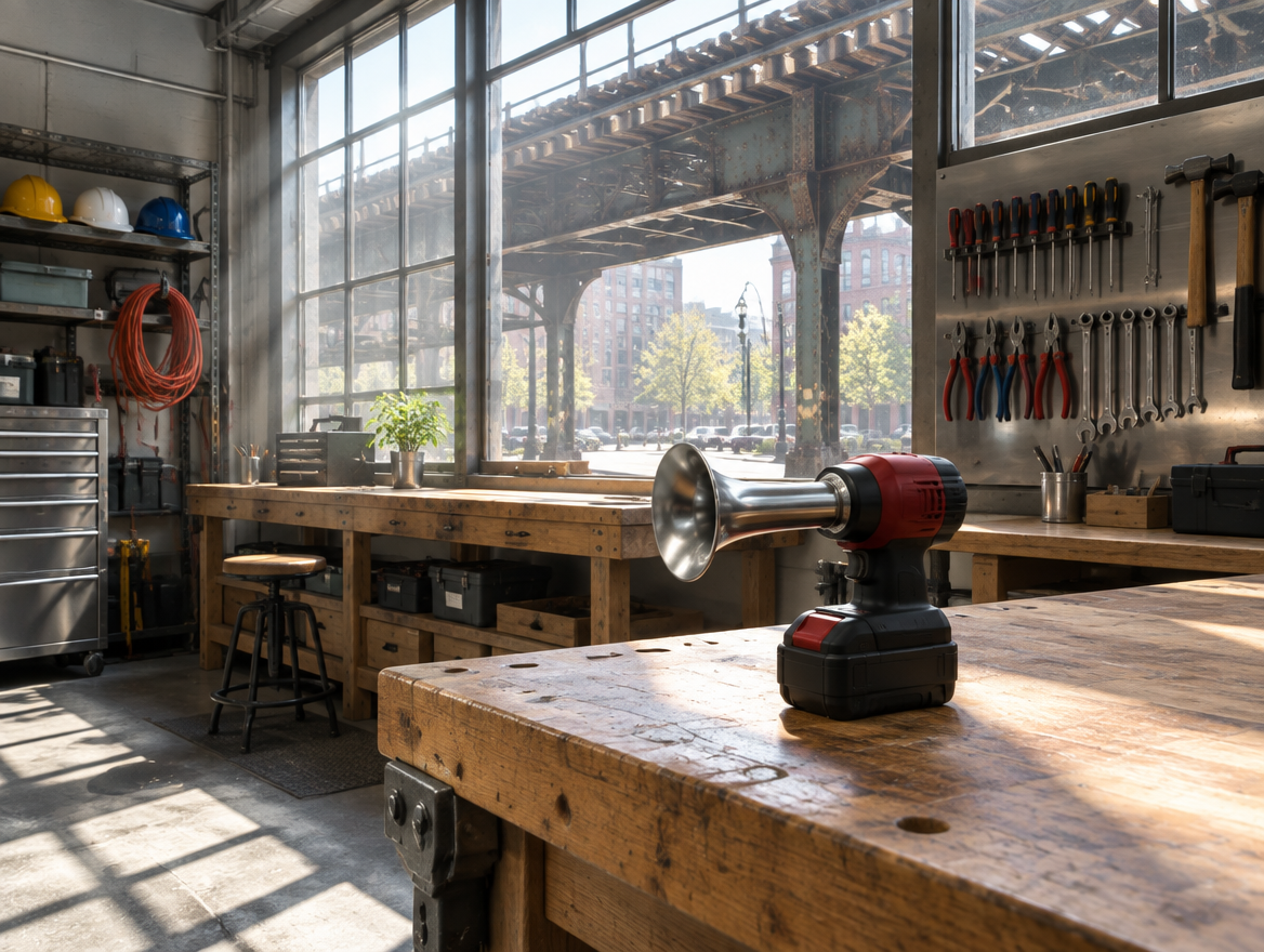 A sunlit workshop under a city rail viaduct, with a cordless air horn and red battery pack on a wooden workbench.