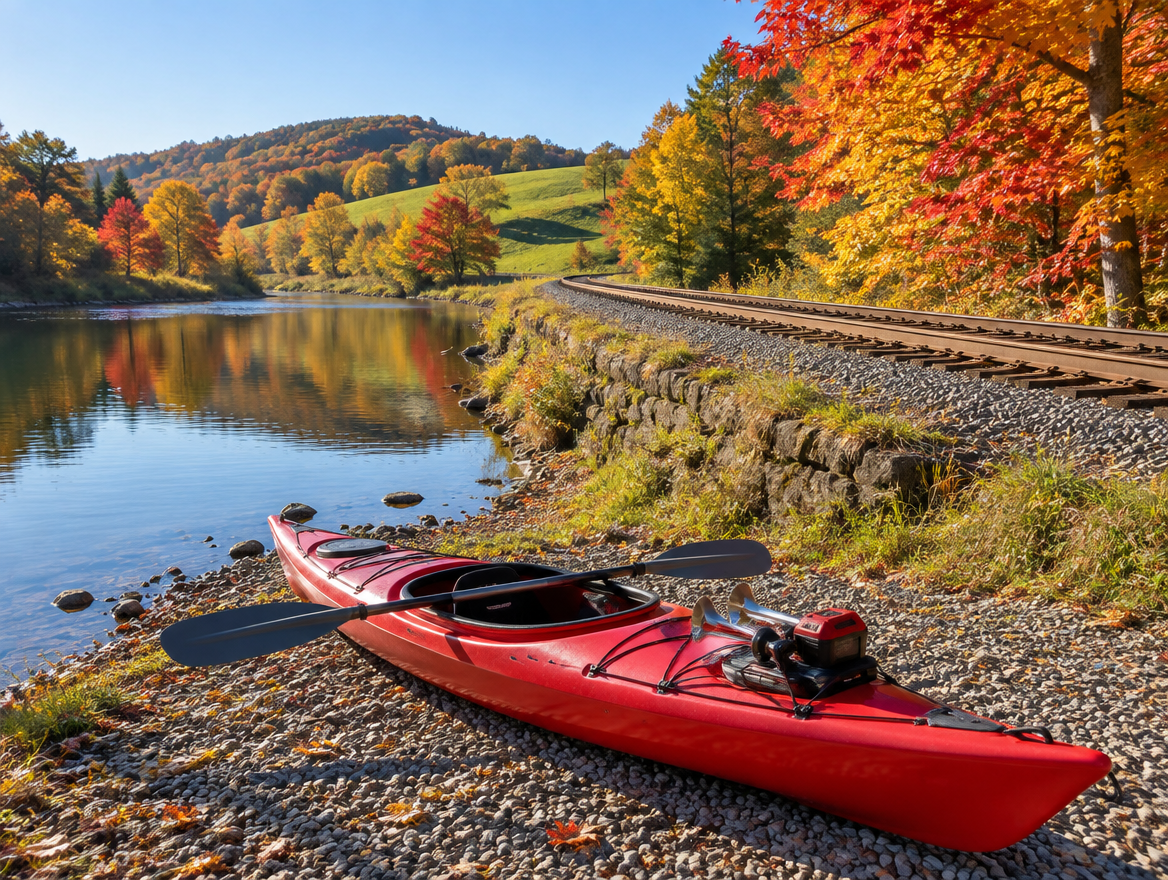 Red kayak with a battery-powered air horn on its deck, on a riverbank below a curving rail line in autumn hills