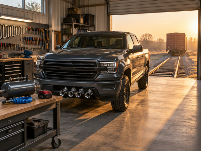 A pickup truck with chrome train horns in a sunlit railway workshop, its roller door open onto the track and a boxcar.