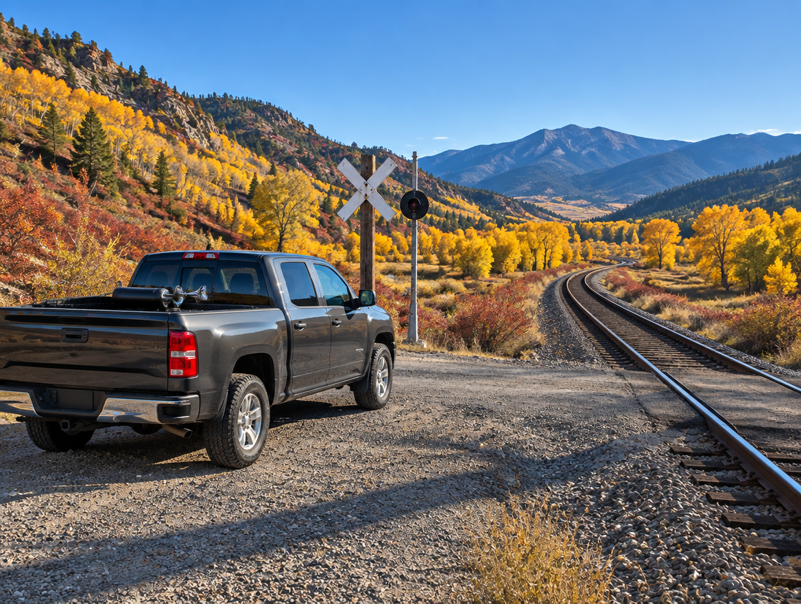 Pickup truck parked by a rural railroad crossing with a crossbuck, golden aspens and mountains on a bright autumn day