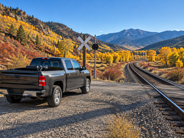 Pickup truck parked by a rural railroad crossing with a crossbuck, golden aspens and mountains on a bright autumn day