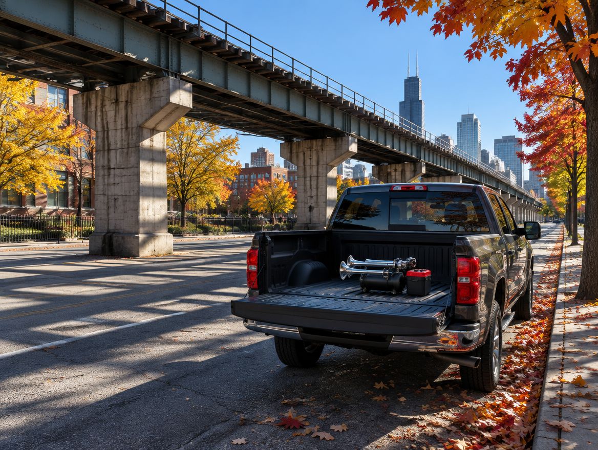A pickup truck with a portable train horn in its bed, parked under an elevated rail viaduct on a sunny autumn street.