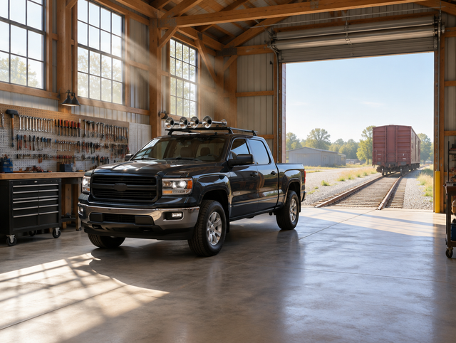 A clean pickup with chrome train horns on its roof rack parked in a sunlit railway workshop, its door open onto the track.