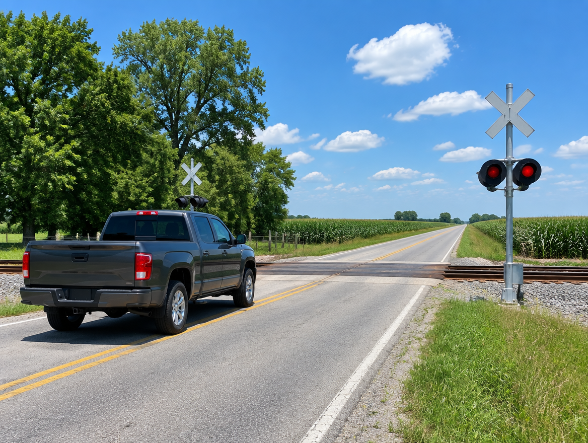 A clean pickup truck stopped at a rural railroad crossing with a crossbuck, between cornfields under a blue summer sky.