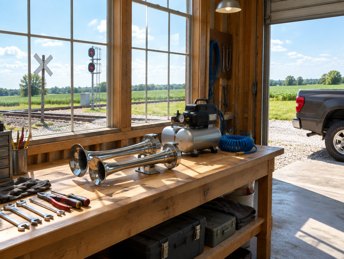 Sunlit workshop bench with a chrome air horn kit, with a rural rail crossing and signal mast visible through the windows