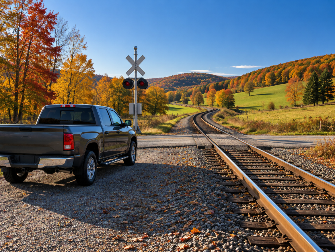 A clean pickup truck parked by a rural railroad crossing as a single track curves through autumn hills.