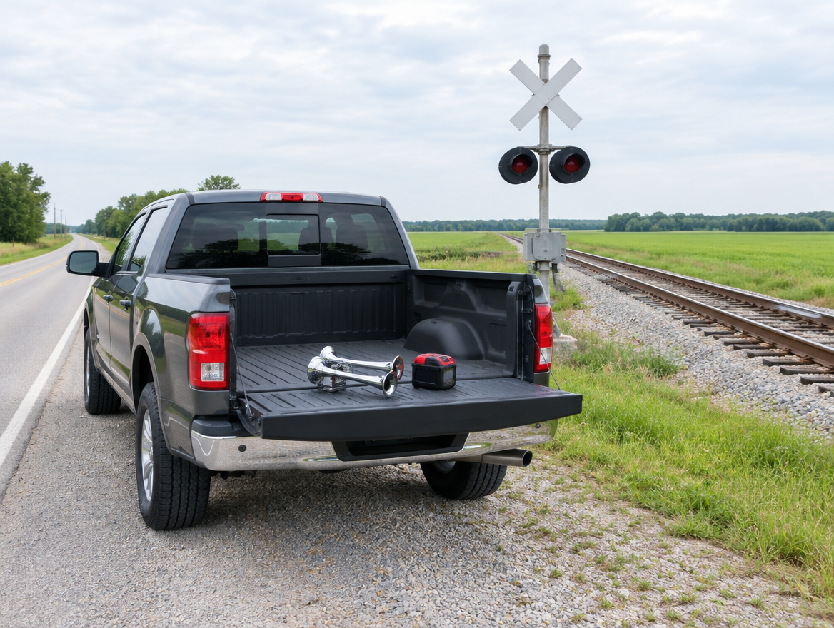 Pickup truck parked by a rural rail crossing with a compact train horn and red cordless battery on its tailgate.