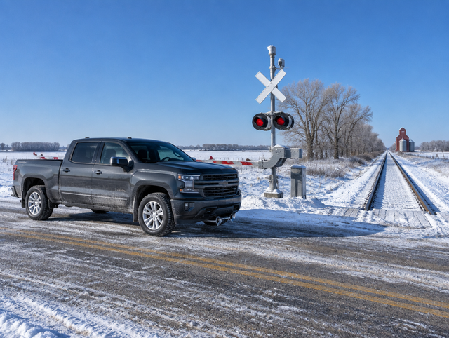Pickup truck stopped before a snowy rural railroad crossing with a crossbuck under a bright blue winter sky