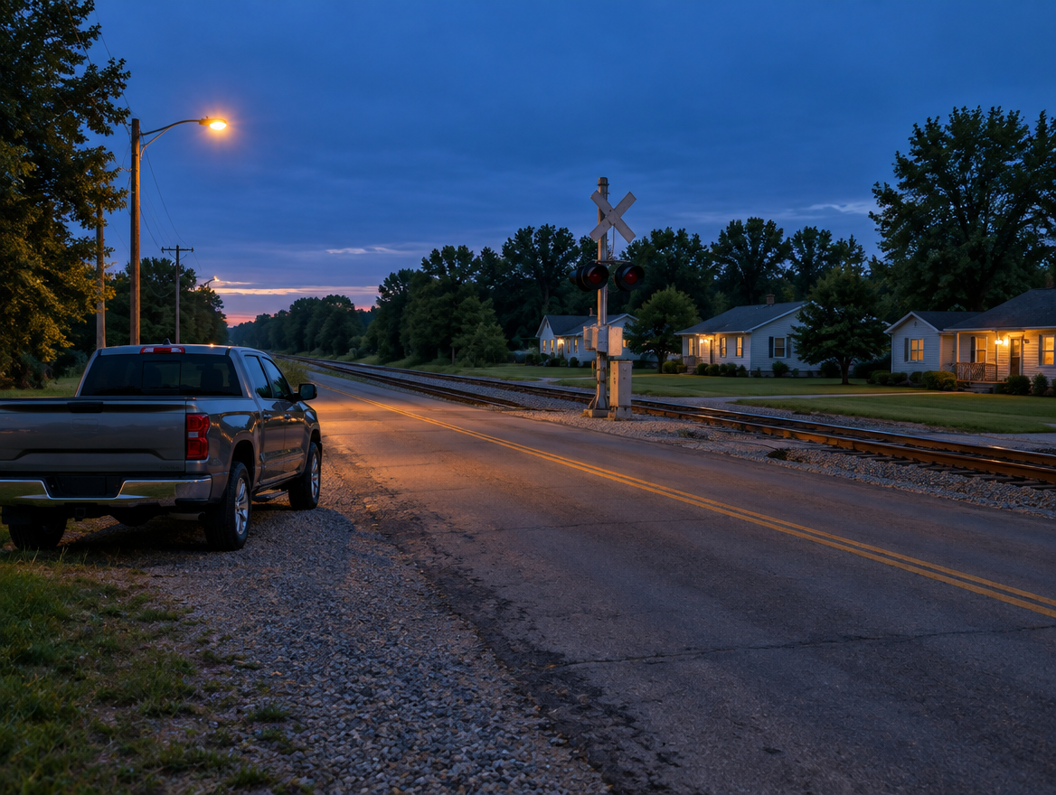 A pickup truck parked by a small-town railroad crossing with a crossbuck and signal mast at dusk, lit by warm porch lights.