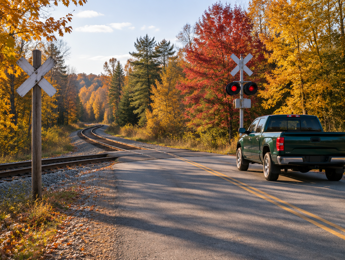 A pickup truck waits at a rural railroad crossing with a crossbuck and signal mast, surrounded by red and gold autumn trees.