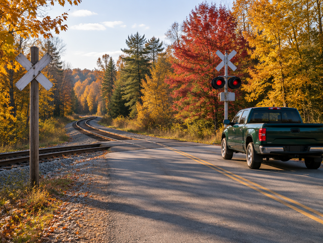 A pickup truck waits at a rural railroad crossing with a crossbuck and signal mast, surrounded by red and gold autumn trees.
