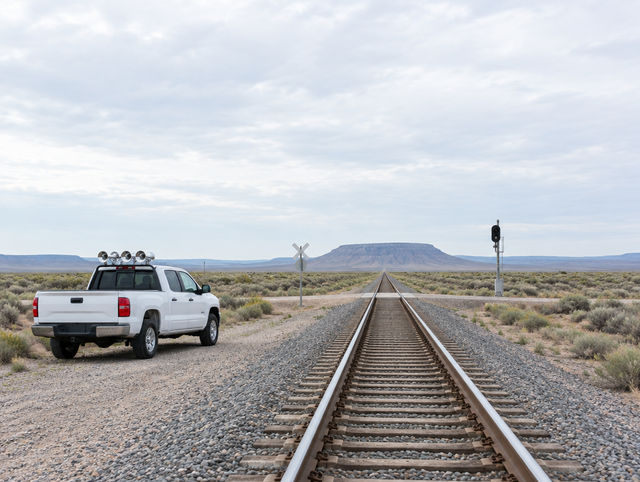 White pickup truck with chrome horn trumpets parked beside a desert railroad track under a bright overcast sky