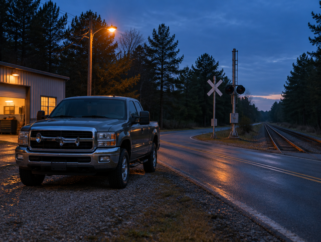 A clean pickup truck parked by a rural railroad crossing with a crossbuck at blue hour, lit by a warm streetlamp.