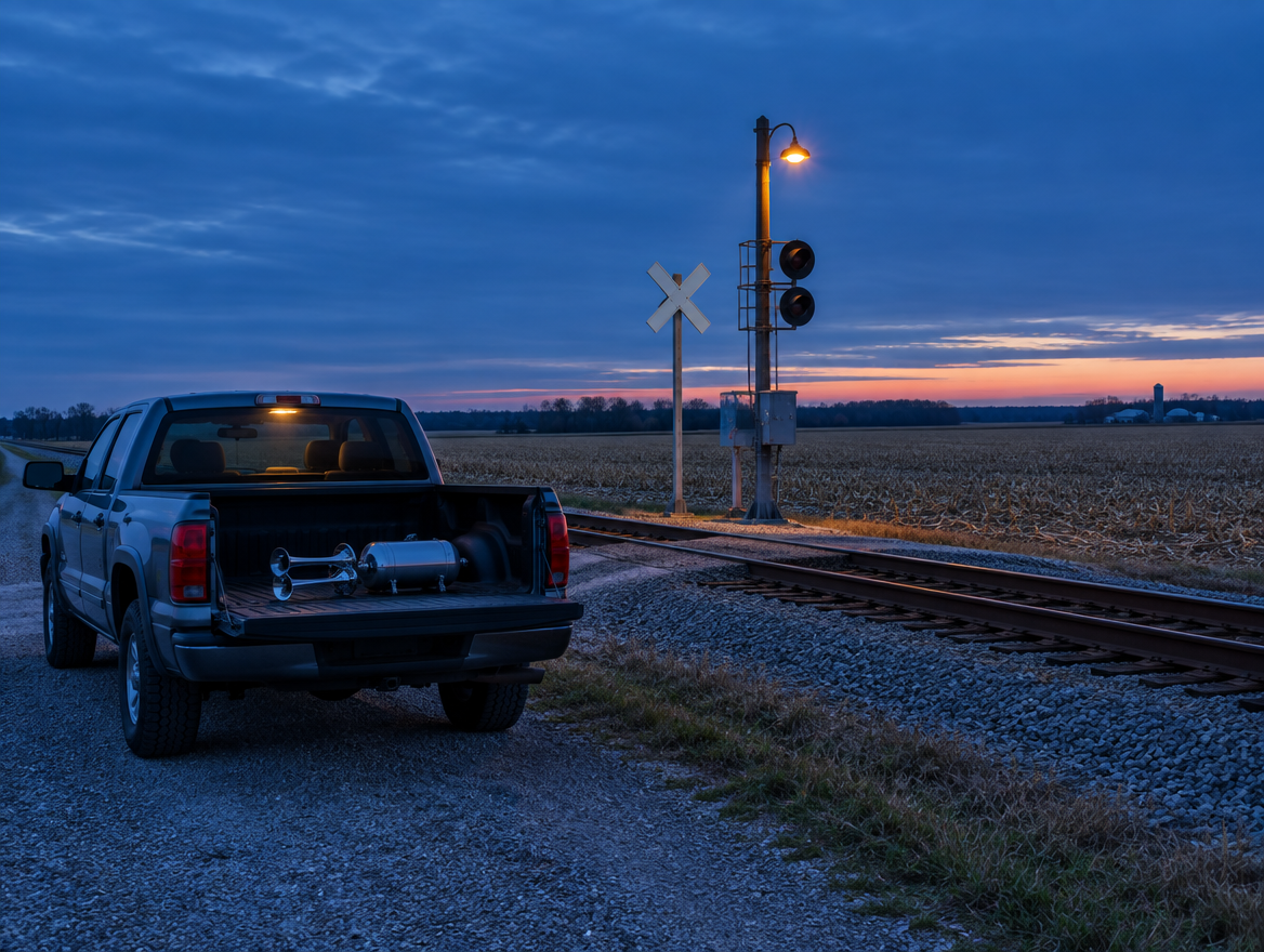 A pickup truck with a chrome air horn on its lowered tailgate, parked near a rural railroad crossing at dusk.