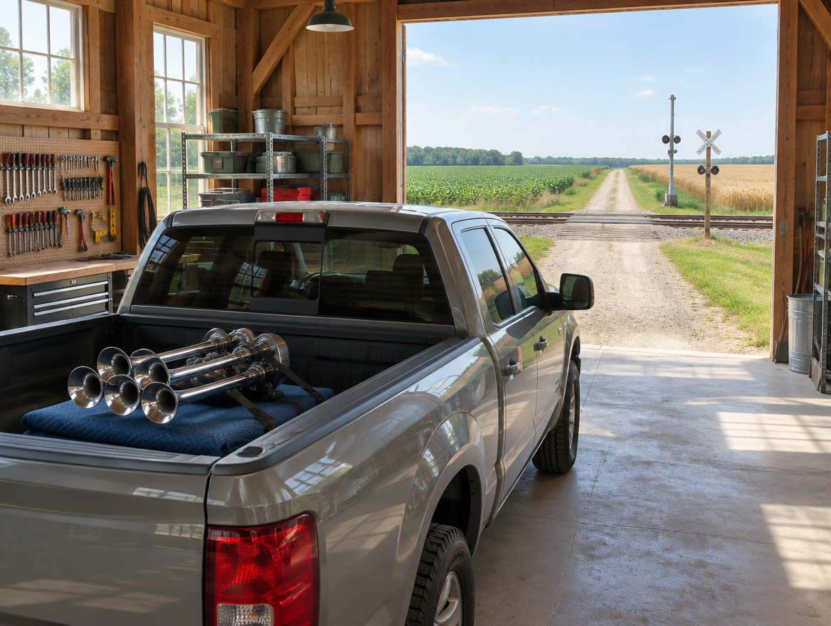 A pickup with a four-trumpet air horn in its bed sits in a sunlit farm workshop facing a dirt-track rail crossing.