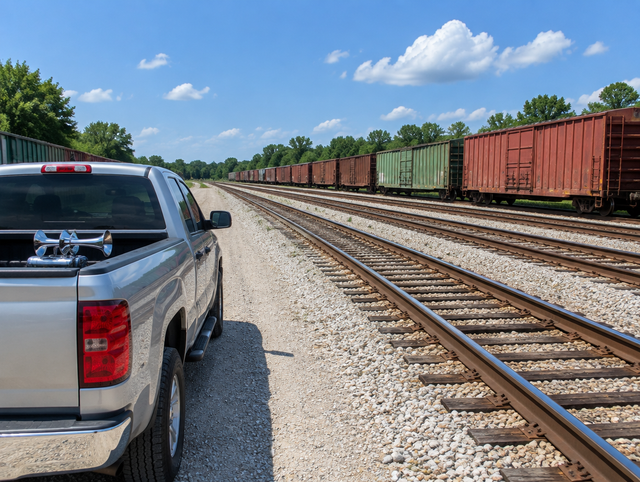 A silver pickup parked beside a sunny freight yard with parallel tracks, boxcars, green trees and a blue sky.