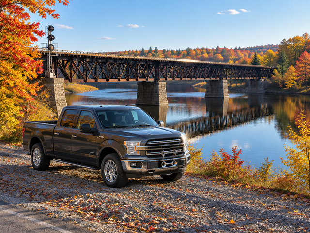 A clean pickup truck with a chrome air horn parked near a steel railway trestle bridge over a river in autumn.