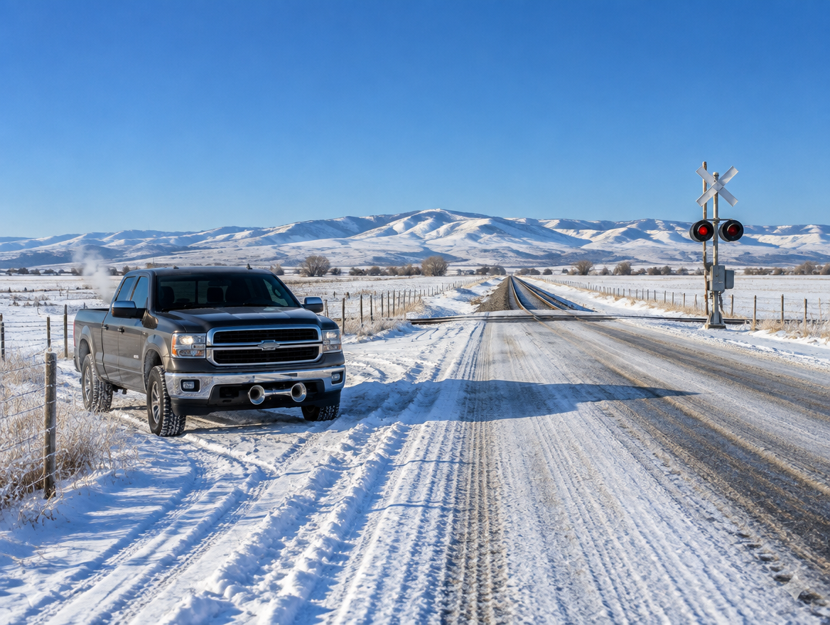 A pickup truck with a chrome air horn parked near a snowy rural railroad crossing under a clear blue winter sky.