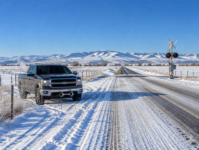 A pickup truck with a chrome air horn parked near a snowy rural railroad crossing under a clear blue winter sky.